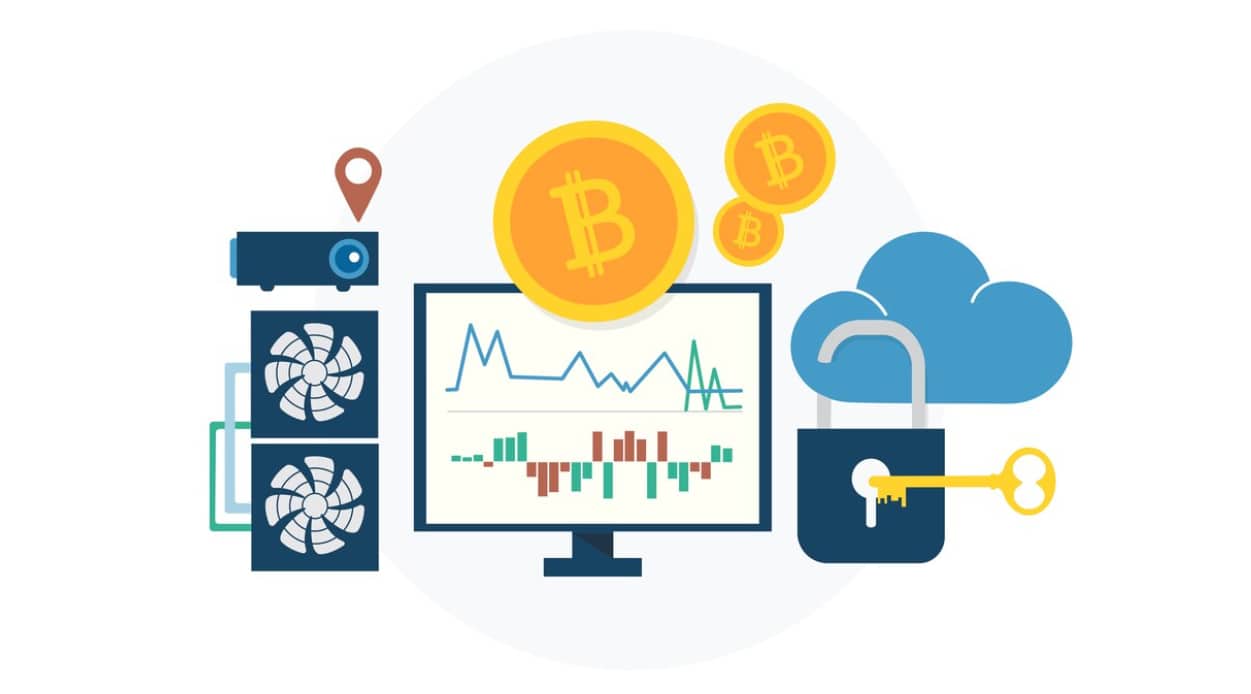 An illustration of Bitcoin, a computer, and secure cloud storage
