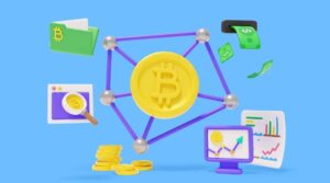 A 3D illustration of cryptocurrency symbols and financial analytics on a blue background